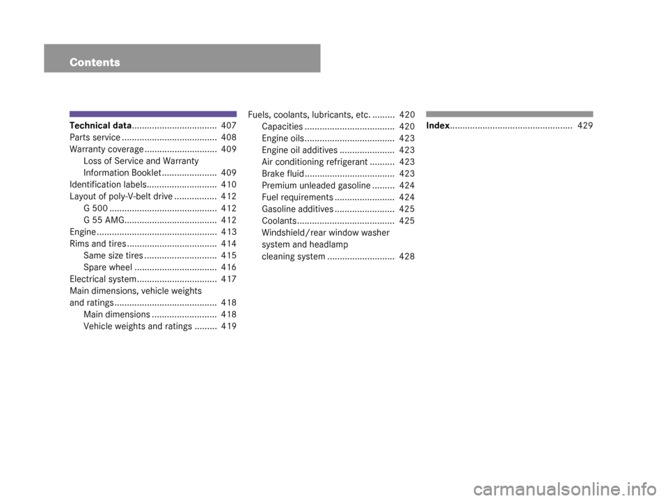 MERCEDES-BENZ G55AMG 2008 W463 Owners Manual Contents
Technical data..................................  407
Parts service ......................................  408
Warranty coverage .............................  409 Loss of Service and Warran