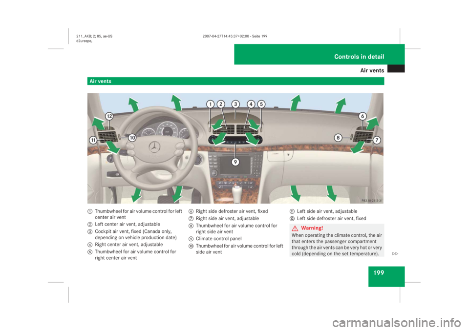 MERCEDES-BENZ E63AMG 2008 W211 Owners Manual �$�L�U��Y�H�Q�W�V
���
�$�L�U��Y�H�Q�W�V�
�7�K�X�P�E�Z�K�H�H�O��I�R�U��D�L�U��Y�R�O�X�P�H��F�R�Q�W�U�R�O��I�R�U��O�H�I�W
�F�H�Q�W�H�U��D�L�U��Y�H�Q�W
�
�/�H�I�W��F�H�Q�W�H�U��D�L�U��Y