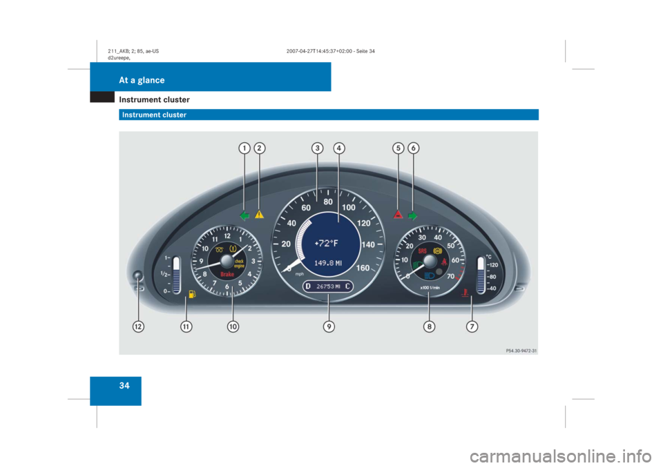 MERCEDES-BENZ E320 2008 W211 Owners Guide �,�Q�V�W�U�X�P�H�Q�W��F�O�X�V�W�H�U���,�Q�V�W�U�X�P�H�Q�W��F�O�X�V�W�H�U�$�W��D��J�O�D�Q�F�H
����B�$�.�%����������D�H��8�6
�G��X�U�H�H�S�H������������7���������