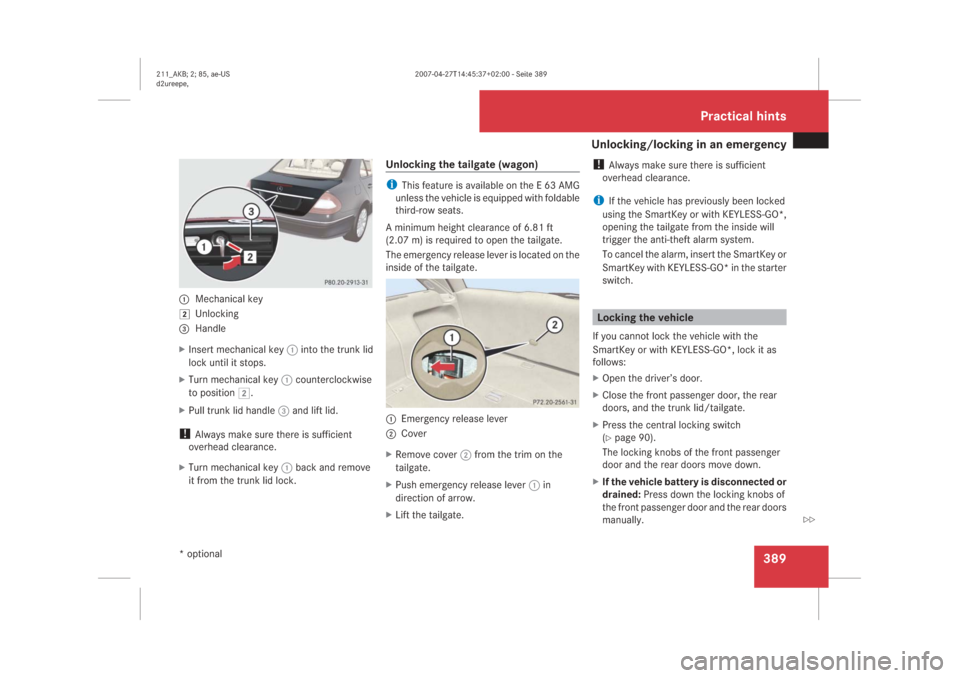 MERCEDES-BENZ E63AMG 2008 W211 Owners Manual �8�Q�O�R�F�N�L�Q�J��O�R�F�N�L�Q�J��L�Q��D�Q��H�P�H�U�J�H�Q�F�\
���
�
�0�H�F�K�D�Q�L�F�D�O��N�H�\
�
�8�Q�O�R�F�N�L�Q�J
�
�+�D�Q�G�O�H
��,�Q�V�H�U�W��P�H�F�K�D�Q�L�F�D�O��N�H�\����L�Q�W