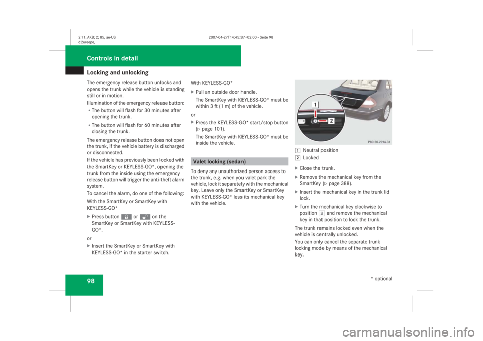 MERCEDES-BENZ E63AMG 2008 W211 Owners Manual �/�R�F�N�L�Q�J��D�Q�G��X�Q�O�R�F�N�L�Q�J���7�K�H��H�P�H�U�J�H�Q�F�\��U�H�O�H�D�V�H��E�X�W�W�R�Q��X�Q�O�R�F�N�V��D�Q�G
�R�S�H�Q�V��W�K�H��W�U�X�Q�N��Z�K�L�O�H��W�K�H��Y�H�K�L�F�O�H��L�V�
