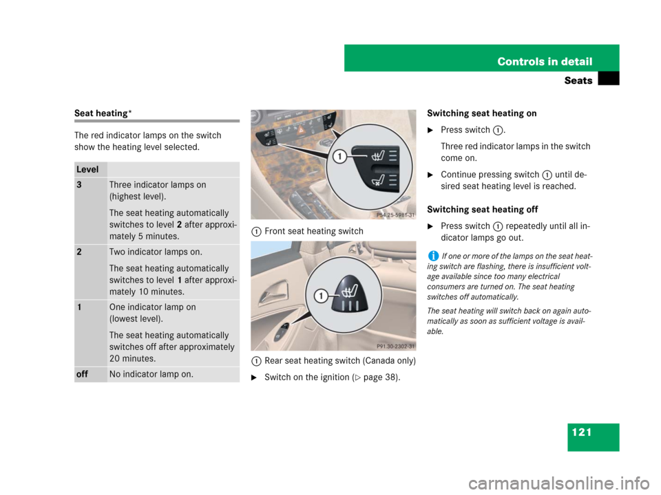 MERCEDES-BENZ CLS500 2008 W219 Owners Manual 121 Controls in detail
Seats
Seat heating*
The red indicator lamps on the switch 
show the heating level selected.
1Front seat heating switch
1Rear seat heating switch (Canada only)
Switch on the ign