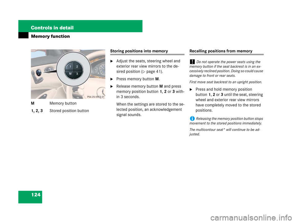 MERCEDES-BENZ CLS63AMG 2008 W219 Owners Manual 124 Controls in detail
Memory function
MMemory button
1, 2, 3Stored position button
Storing positions into memory
Adjust the seats, steering wheel and 
exterior rear view mirrors to the de-
sired pos