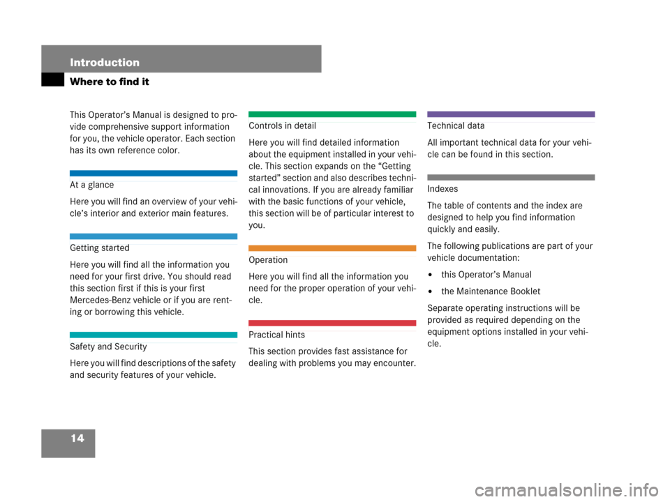MERCEDES-BENZ CLS500 2008 W219 User Guide 14 Introduction
Where to find it
This Operator’s Manual is designed to pro-
vide comprehensive support information 
for you, the vehicle operator. Each section 
has its own reference color.
At a gla