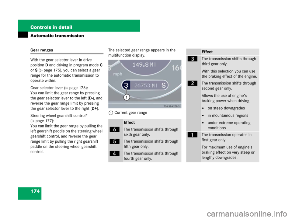 MERCEDES-BENZ CLS500 2008 W219 Owners Manual 174 Controls in detail
Automatic transmission
Gear ranges
With the gear selector lever in drive 
positionD and driving in program modeC 
orS (
page 175), you can select a gear 
range for the automati
