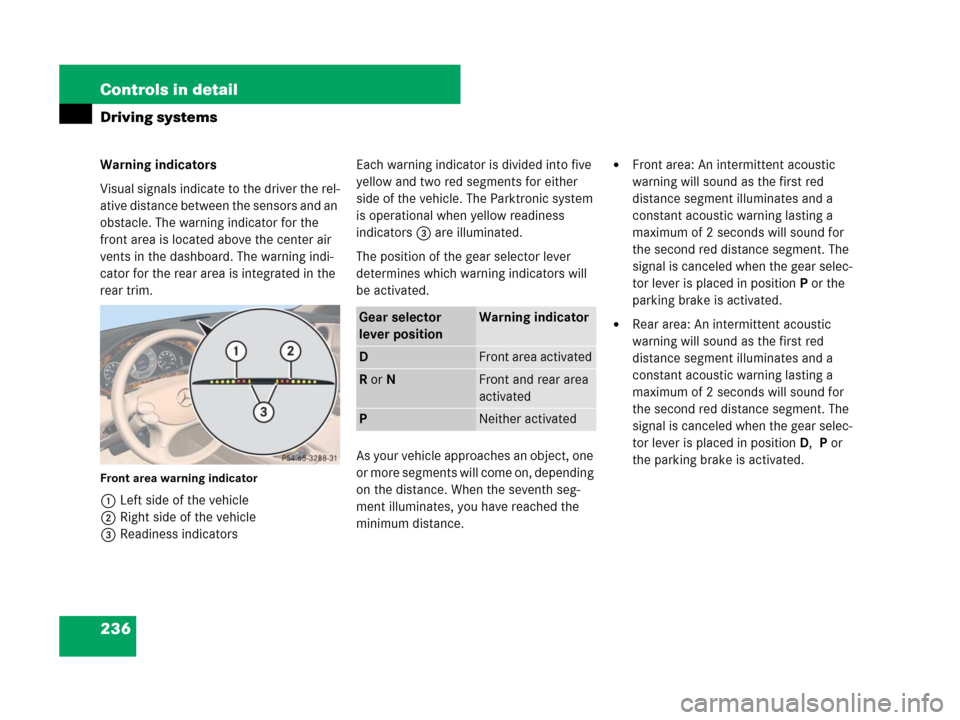 MERCEDES-BENZ CLS500 2008 W219 Owners Manual 236 Controls in detail
Driving systems
Warning indicators
Visual signals indicate to the driver the rel-
ative distance between the sensors and an 
obstacle. The warning indicator for the 
front area 