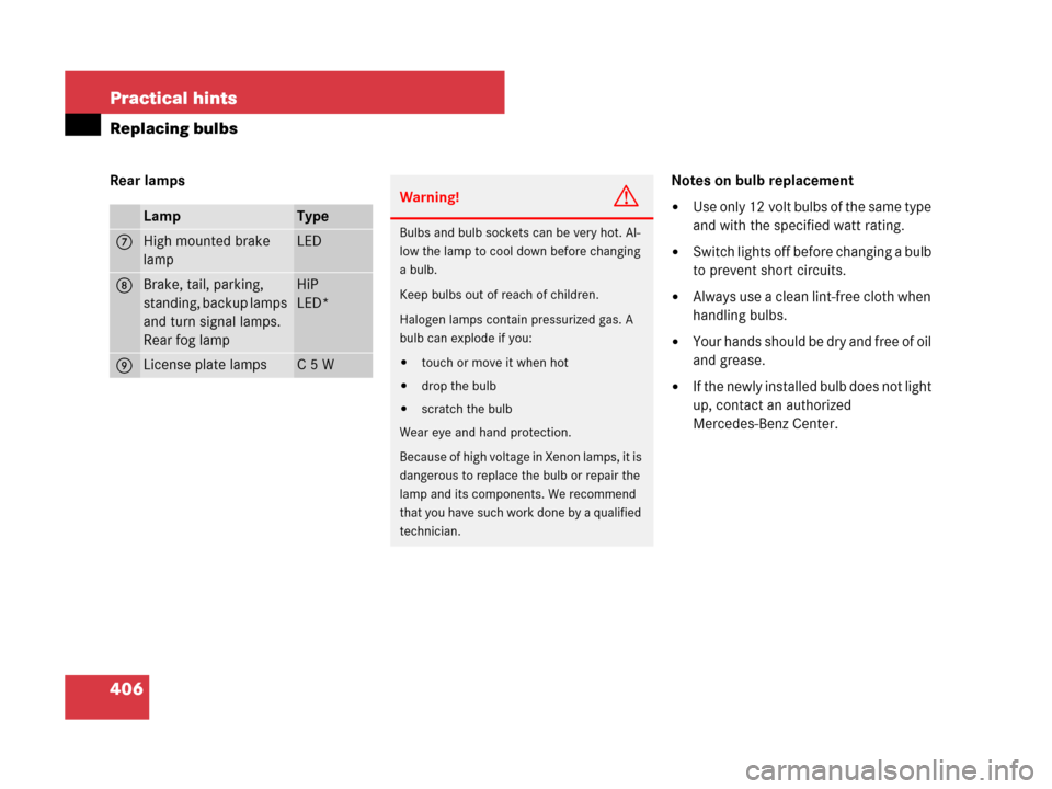 MERCEDES-BENZ CLS63AMG 2008 W219 Owners Manual 406 Practical hints
Replacing bulbs
Rear lamps Notes on bulb replacement
Use only 12 volt bulbs of the same type 
and with the specified watt rating. 
Switch lights off before changing a bulb 
to pr