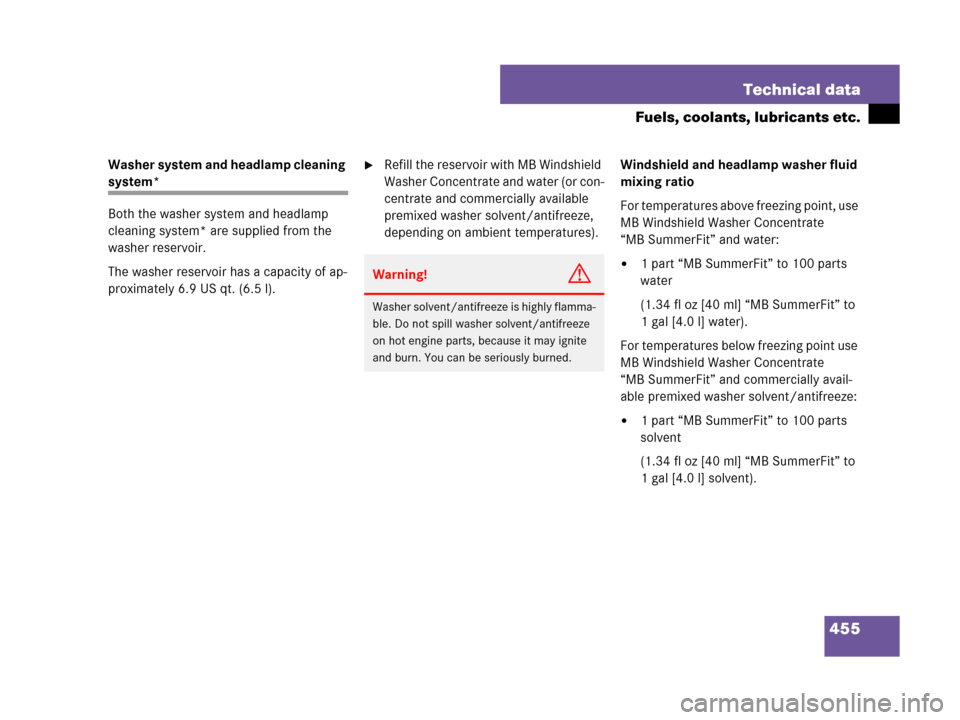 MERCEDES-BENZ CLS63AMG 2008 W219 Owners Manual 455 Technical data
Fuels, coolants, lubricants etc.
Washer system and headlamp cleaning 
system*
Both the washer system and headlamp 
cleaning system* are supplied from the 
washer reservoir.
The wash
