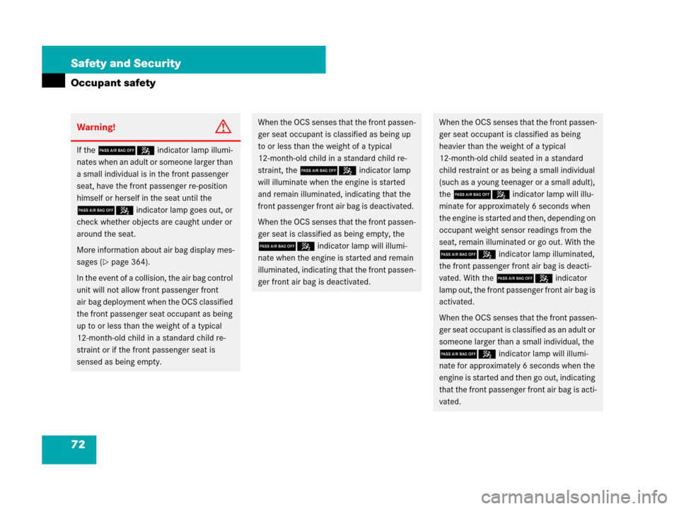 MERCEDES-BENZ CLS500 2008 W219 Owners Manual 72 Safety and Security
Occupant safety
Warning!G
If the 75 indicator lamp illumi-
nates when an adult or someone larger than 
a small individual is in the front passenger 
seat, have the front passeng