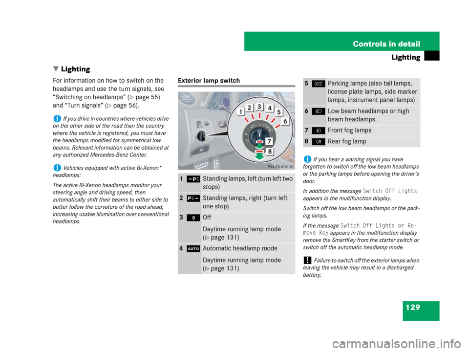 MERCEDES-BENZ CLK550 2008 C209 Owners Manual 129 Controls in detail
Lighting
Lighting
For information on how to switch on the 
headlamps and use the turn signals, see 
“Switching on headlamps” (
page 55) 
and “Turn signals” (
page 56)