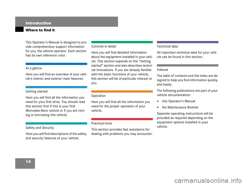 MERCEDES-BENZ CLK350 2008 C209 User Guide 14 Introduction
Where to find it
This Operator’s Manual is designed to pro-
vide comprehensive support information 
for you, the vehicle operator. Each section 
has its own reference color.
At a gla