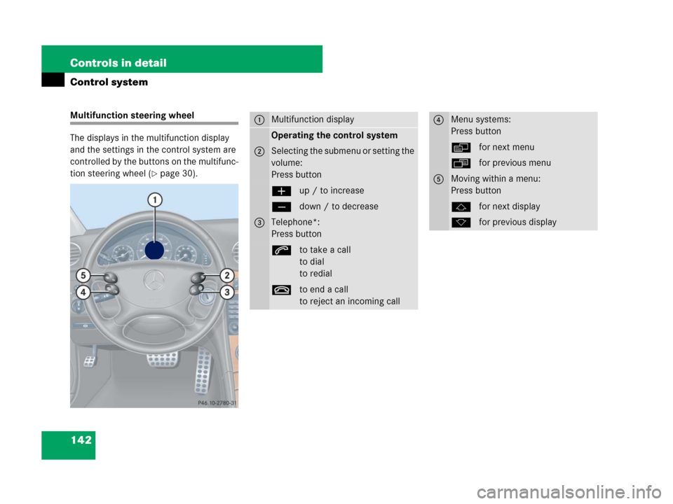 MERCEDES-BENZ CLK350 2008 C209 Owners Manual 142 Controls in detail
Control system
Multifunction steering wheel
The displays in the multifunction display 
and the settings in the control system are 
controlled by the buttons on the multifunc-
ti