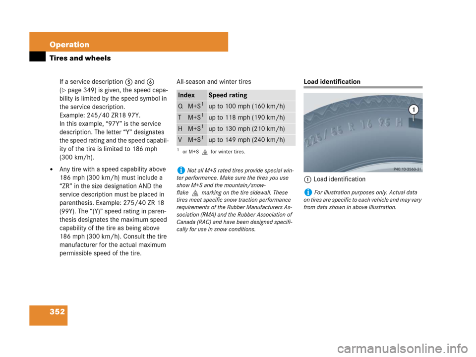 MERCEDES-BENZ CLK350 2008 C209 Owners Manual 352 Operation
Tires and wheels
If a service description5 and6 
(
page 349) is given, the speed capa-
bility is limited by the speed symbol in 
the service description. 
Example: 245/40 ZR18 97Y. 
In 