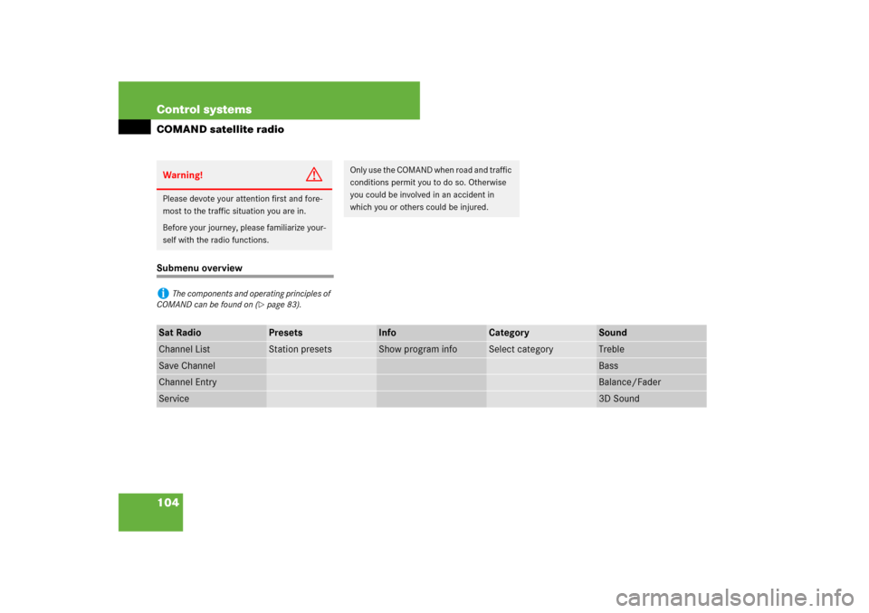 MERCEDES-BENZ CL550 2008 C216 Service Manual 104 Control systemsCOMAND satellite radioSubmenu overviewWarning!
G
Please devote your attention first and fore-
most to the traffic situation you are in.
Before your journey, please familiarize your-