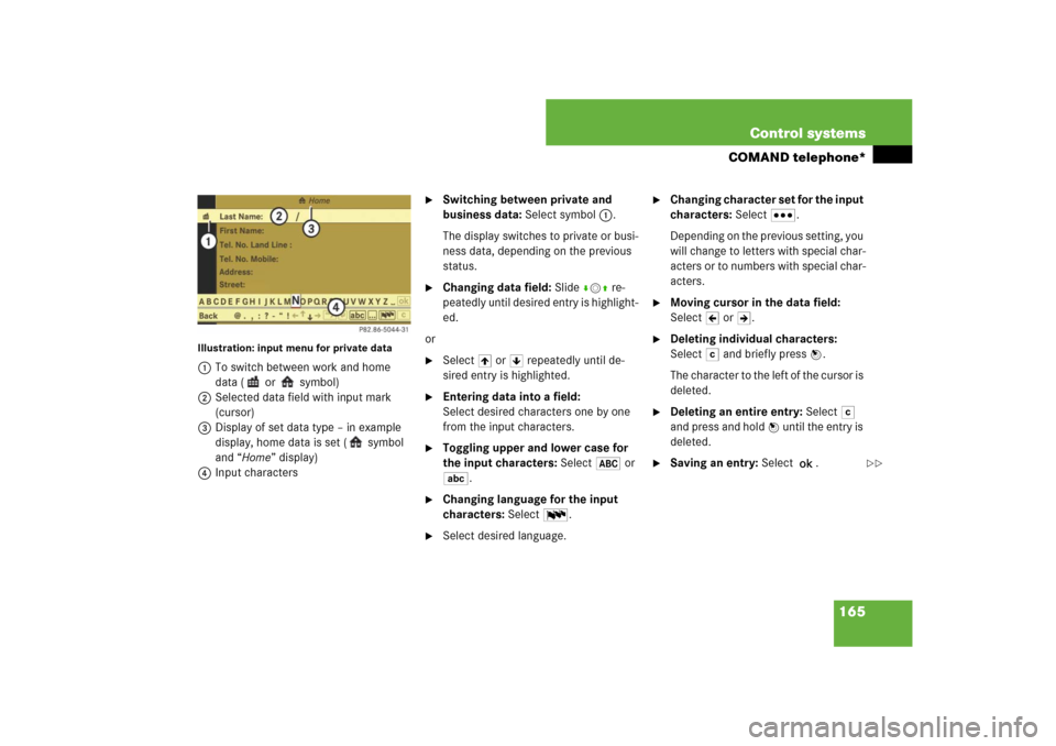 MERCEDES-BENZ CL550 2008 C216 Owners Manual 165 Control systems
COMAND telephone*
Illustration: input menu for private data1To switch between work and home 
data (  or   symbol)
2Selected data field with input mark 
(cursor)
3Display of set dat