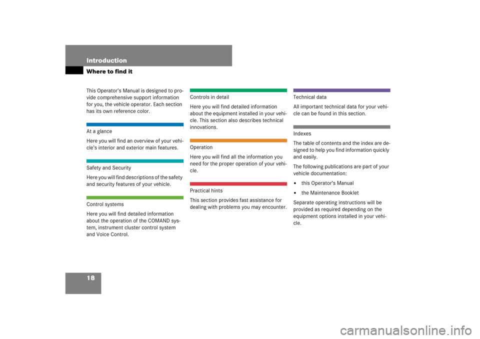 MERCEDES-BENZ CL550 2008 C216 User Guide 18 IntroductionWhere to find itThis Operator’s Manual is designed to pro-
vide comprehensive support information 
for you, the vehicle operator. Each section 
has its own reference color.At a glance