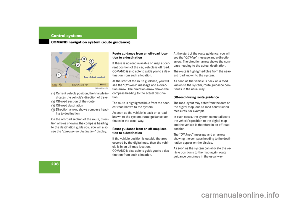 MERCEDES-BENZ CL550 2008 C216 Owners Manual 238 Control systemsCOMAND navigation system (route guidance)1Current vehicle position; the triangle in-
dicates the vehicle’s direction of travel
2Off-road section of the route
3Off-road destination