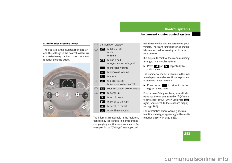 MERCEDES-BENZ CL550 2008 C216 Owners Manual 283 Control systems
Instrument cluster control system
Multifunction steering wheel
The displays in the multifunction display 
and the settings in the control system are 
controlled using the buttons o