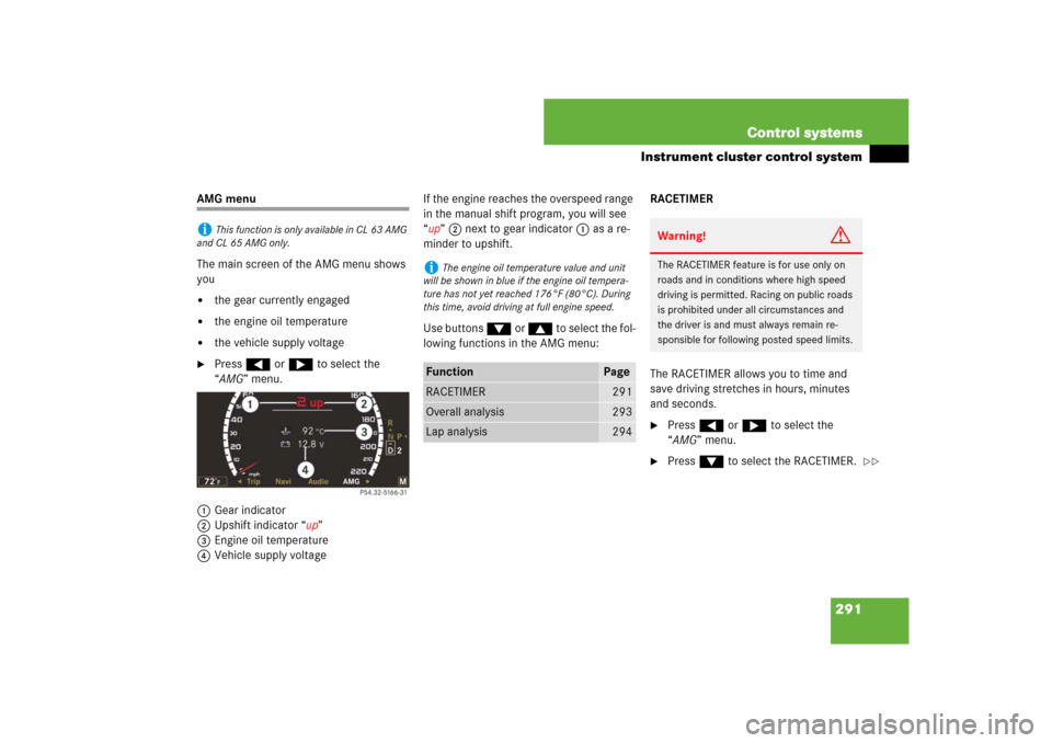 MERCEDES-BENZ CL550 2008 C216 Owners Manual 291 Control systems
Instrument cluster control system
AMG menu
The main screen of the AMG menu shows 
you 
the gear currently engaged 

the engine oil temperature

the vehicle supply voltage

Pres