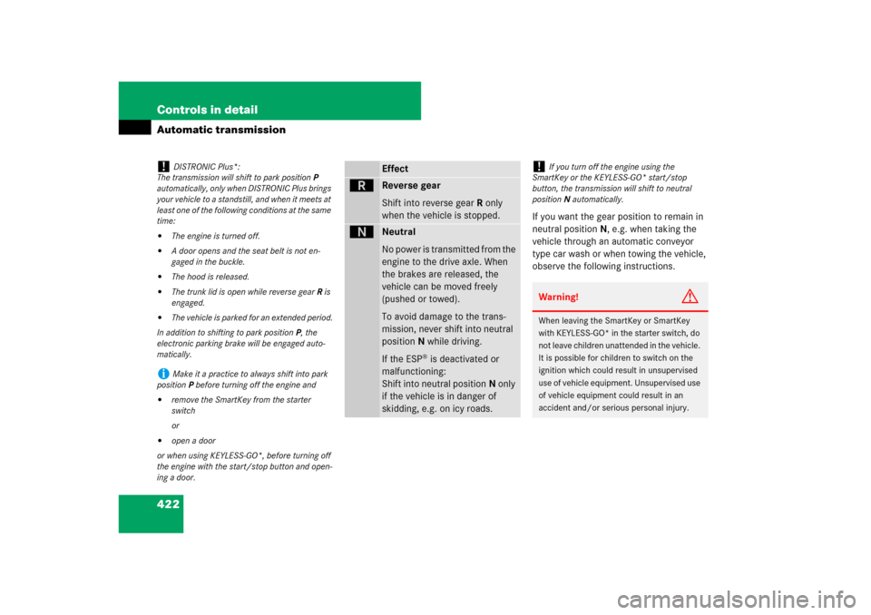 MERCEDES-BENZ CL550 2008 C216 Owners Manual 422 Controls in detailAutomatic transmission
If you want the gear position to remain in 
neutral positionN, e.g. when taking the 
vehicle through an automatic conveyor 
type car wash or when towing th