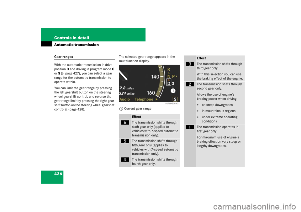 MERCEDES-BENZ CL550 2008 C216 Owners Manual 426 Controls in detailAutomatic transmissionGear ranges
With the automatic transmission in drive 
positionD and driving in program mode C 
or S (
page 427), you can select a gear 
range for the autom