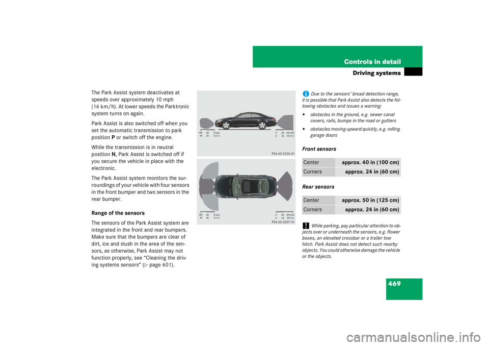 MERCEDES-BENZ CL550 2008 C216 Owners Manual 469 Controls in detail
Driving systems
The Park Assist system deactivates at 
speeds over approximately 10 mph 
(16 km/h). At lower speeds the Parktronic 
system turns on again.
Park Assist is also sw