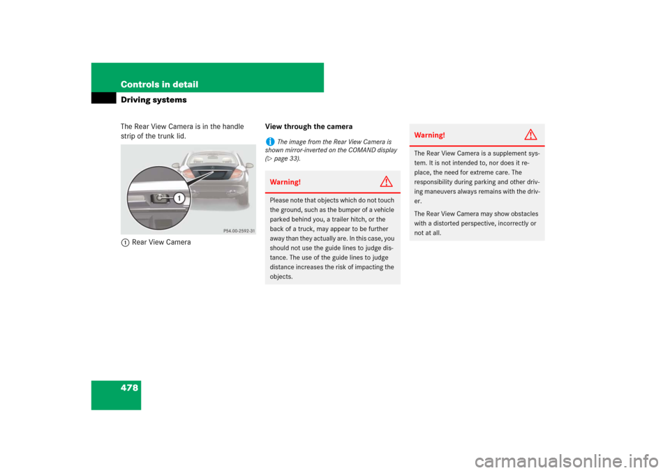 MERCEDES-BENZ CL550 2008 C216 Owners Manual 478 Controls in detailDriving systemsThe Rear View Camera is in the handle 
strip of the trunk lid.
1Rear View CameraView through the camera
i
The image from the Rear View Camera is 
shown mirror-inve