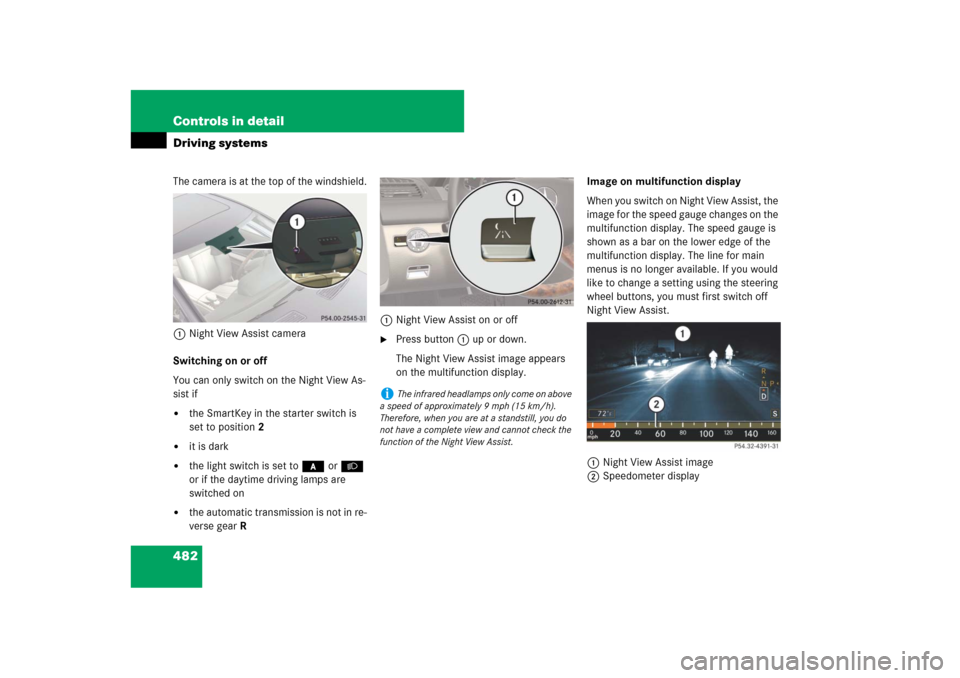 MERCEDES-BENZ CL550 2008 C216 Owners Manual 482 Controls in detailDriving systemsThe camera is at the top of the windshield.
1Night View Assist camera
Switching on or off
You can only switch on the Night View As-
sist if
the SmartKey in the st