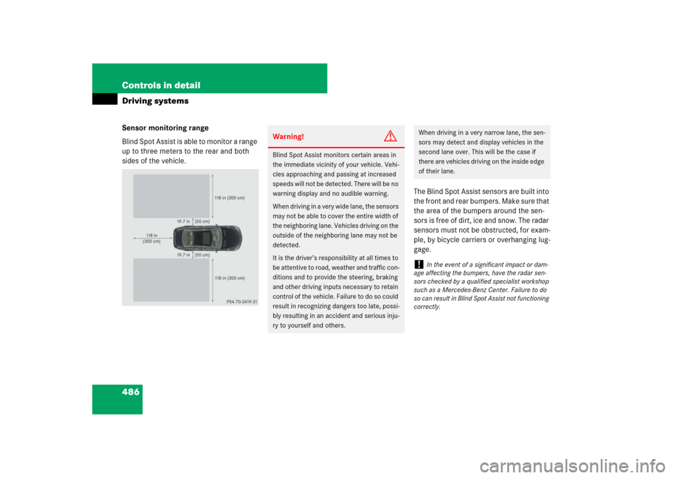 MERCEDES-BENZ CL550 2008 C216 Owners Manual 486 Controls in detailDriving systemsSensor monitoring range
Blind Spot Assist is able to monitor a range 
up to three meters to the rear and both 
sides of the vehicle.
The Blind Spot Assist sensors 