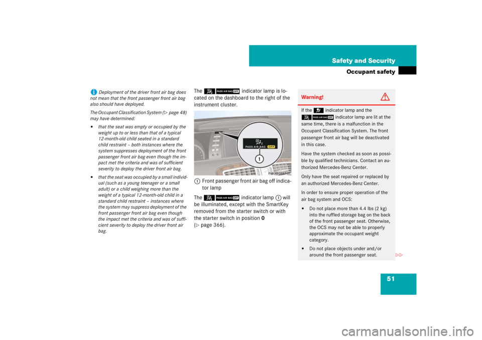 MERCEDES-BENZ CL550 2008 C216 User Guide 51 Safety and Security
Occupant safety
The 59 indicator lamp is lo-
cated on the dashboard to the right of the 
instrument cluster.
1Front passenger front air bag off indica-
tor lamp
The 59indicator 