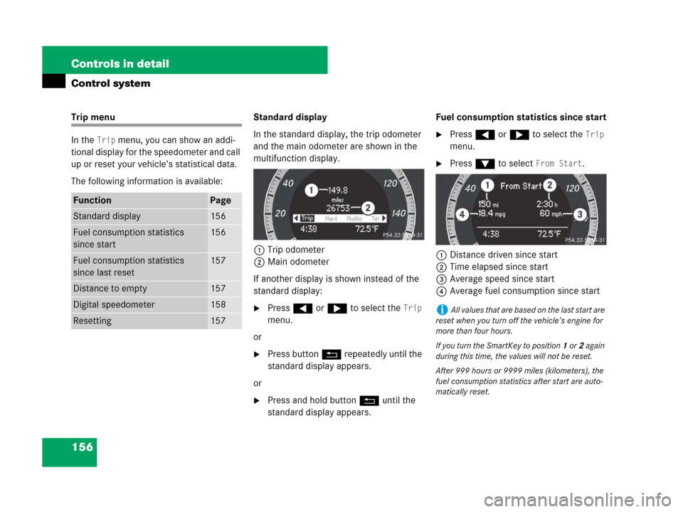 MERCEDES-BENZ C300 2008 W204 Owners Manual 156 Controls in detail
Control system
Trip menu
In the 
Trip menu, you can show an addi-
tional display for the speedometer and call 
up or reset your vehicle’s statistical data.
The following infor