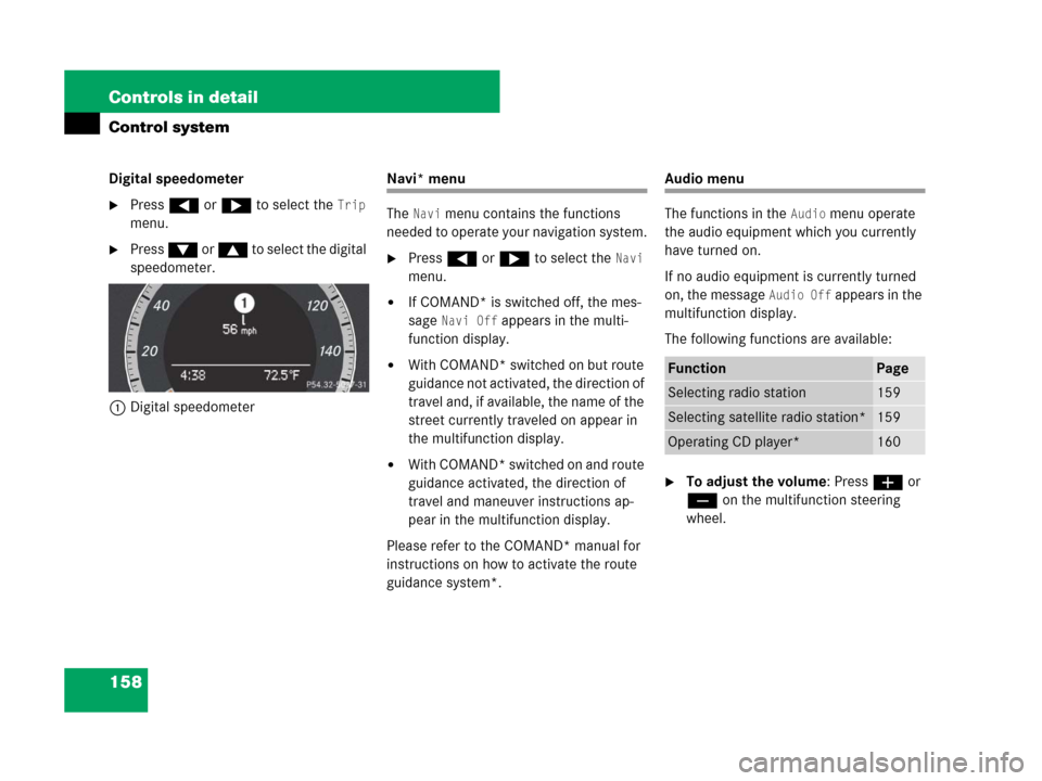MERCEDES-BENZ C300 4MATIC 2008 W204 Owners Manual 158 Controls in detail
Control system
Digital speedometer
Press ( or & to select the Trip 
menu.
Press % or $ to select the digital 
speedometer.
1Digital speedometer
Navi* menu
The
Navi menu contai