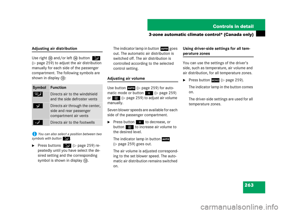 MERCEDES-BENZ C300 2008 W204 User Guide 263 Controls in detail
3-zone automatic climate control* (Canada only)
Adjusting air distribution
Use righta and/or lefte buttonZ 
(
page 259) to adjust the air distribution 
manually for each side o