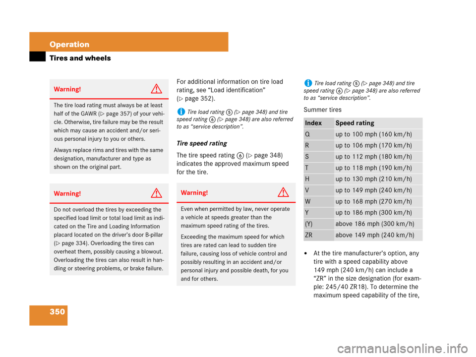 MERCEDES-BENZ C300 4MATIC 2008 W204 Owners Manual 350 Operation
Tires and wheels
For additional information on tire load 
rating, see “Load identification” 
(
page 352).
Tire speed rating
The tire speed rating6 (
page 348) 
indicates the approv