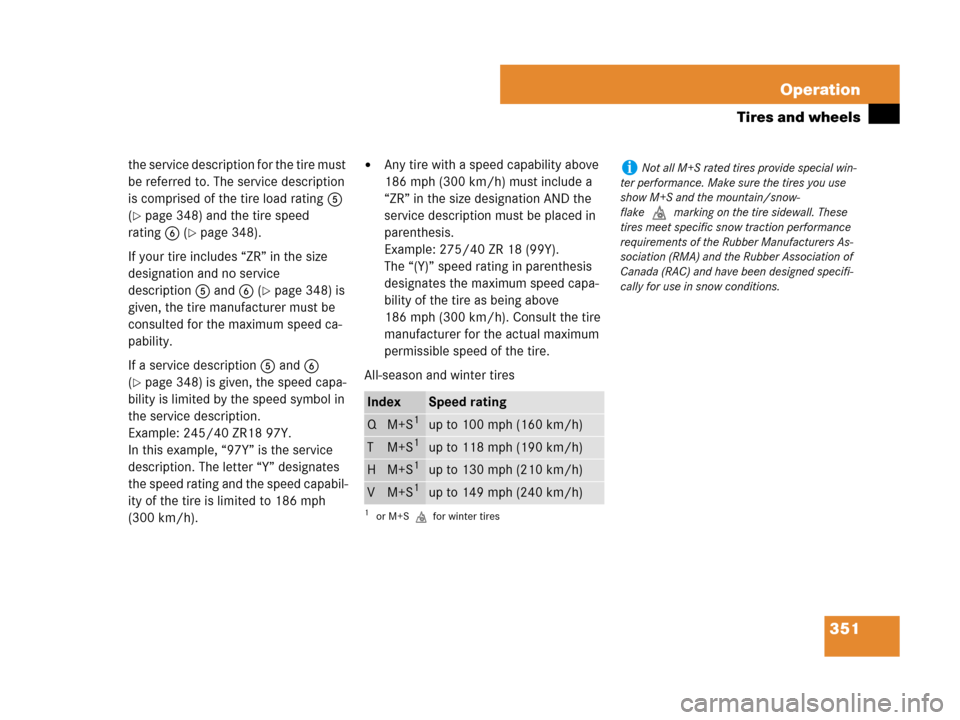 MERCEDES-BENZ C300 2008 W204 User Guide 351 Operation
Tires and wheels
the service description for the tire must 
be referred to. The service description 
is comprised of the tire load rating5 
(
page 348) and the tire speed 
rating6 (
pa