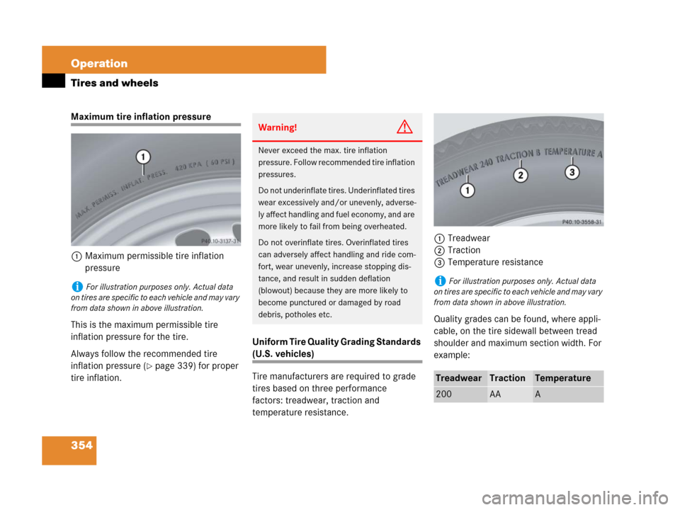 MERCEDES-BENZ C300 2008 W204 Owners Manual 354 Operation
Tires and wheels
Maximum tire inflation pressure
1Maximum permissible tire inflation 
pressure 
This is the maximum permissible tire 
inflation pressure for the tire.
Always follow the r