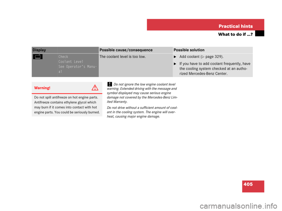 MERCEDES-BENZ C300 2008 W204 User Guide 405 Practical hints
What to do if …?
Display Possible cause/consequencePossible solution
BCheck
Coolant Level
See Operator’s Manu-
alThe coolant level is too low.Add coolant (page 329).
If you 