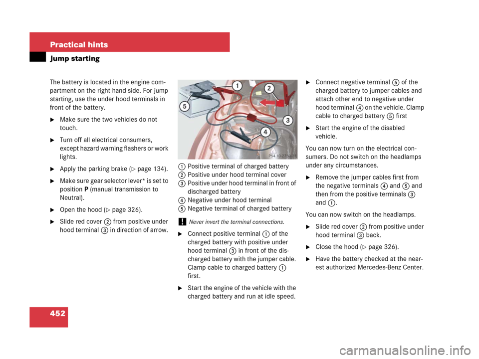 MERCEDES-BENZ C300 2008 W204 Owners Manual 452 Practical hints
Jump starting
The battery is located in the engine com-
partment on the right hand side. For jump 
starting, use the under hood terminals in 
front of the battery.
Make sure the t