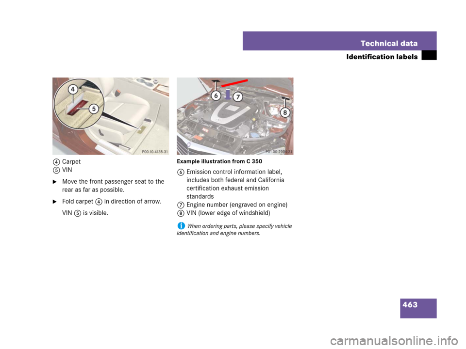 MERCEDES-BENZ C300 4MATIC 2008 W204 Owners Manual 463 Technical data
Identification labels
4Carpet
5VIN
Move the front passenger seat to the 
rear as far as possible.
Fold carpet4 in direction of arrow.
VIN5 is visible.
Example illustration from C 