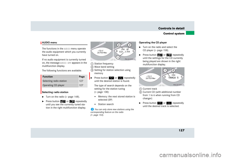 MERCEDES-BENZ SLR 2009 R199 Owners Manual 127 Controls in detail
Control system
AUDIO menu
The functions in the 
AUDIO
 menu operate 
the audio equipment which you currently 
have turned on.
If no audio equipment is currently turned 
on, the 