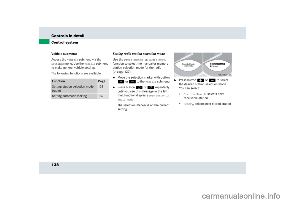 MERCEDES-BENZ SLR 2009 R199 Owners Manual 138 Controls in detailControl systemVehicle submenu
Access the 
Vehicle
 submenu via the 
Settings
 menu. Use the 
Vehicle
 submenu 
to make general vehicle settings.
The following functions are avail