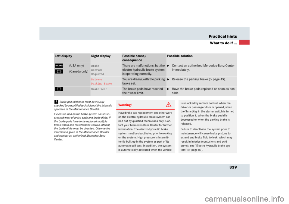 MERCEDES-BENZ SLR 2009 R199 Owners Manual 339 Practical hints
What to do if ...
Left display
Right display
Possible cause/ 
consequence
Possible solution
;
(USA only)
3
(Canada only)
Brake
Service
Required
There are malfunctions, but the 
ele