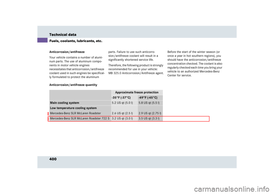 MERCEDES-BENZ SLR 2009 R199 Owners Manual 400 Technical dataFuels, coolants, lubricants, etc.Anticorrosion/antifreeze
Your vehicle contains a number of alumi-
num parts. The use of aluminum compo-
nents in motor vehicle engines 
necessitates 