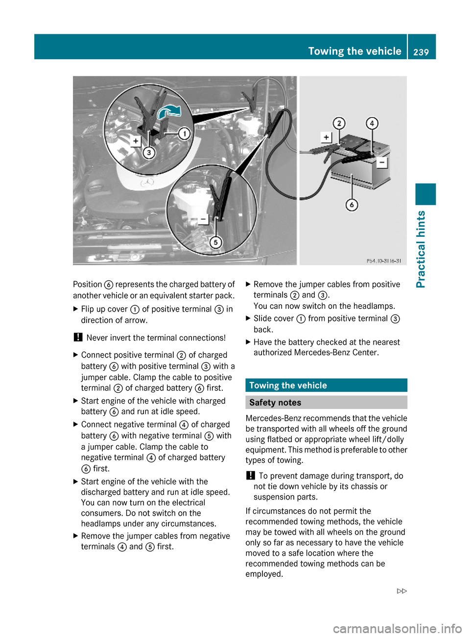 MERCEDES-BENZ G-Class 2009 W463 Owners Manual Position B represents the charged battery of
another vehicle or an equivalent starter pack.
XFlip up cover : of positive terminal = in
direction of arrow.
! Never invert the terminal connections!
XCon MERCEDES-BENZ G-Class 2009 W463 Owners Manual Position B represents the charged battery of
another vehicle or an equivalent starter pack.
XFlip up cover : of positive terminal = in
direction of arrow.
! Never invert the terminal connections!
XCon