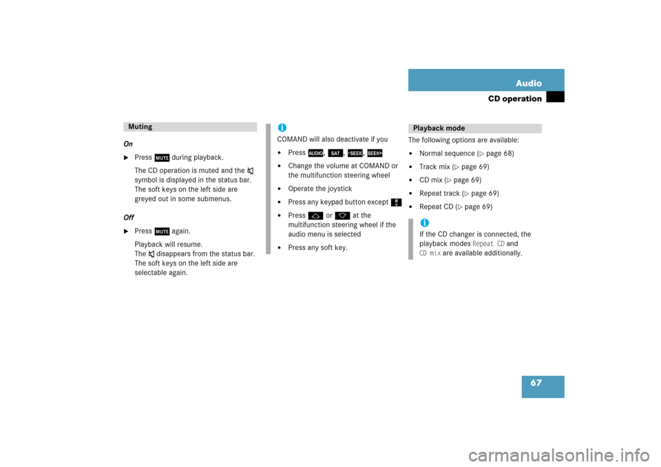 MERCEDES-BENZ CLK-Class 2009 C208 Comand Manual 67 Audio
CD operation
On
Press J during playback.The CD operation is muted and the
 ß 
symbol is displayed in the status bar. 
The soft keys on the left side are 
greyed out in some submenus.
Off
P