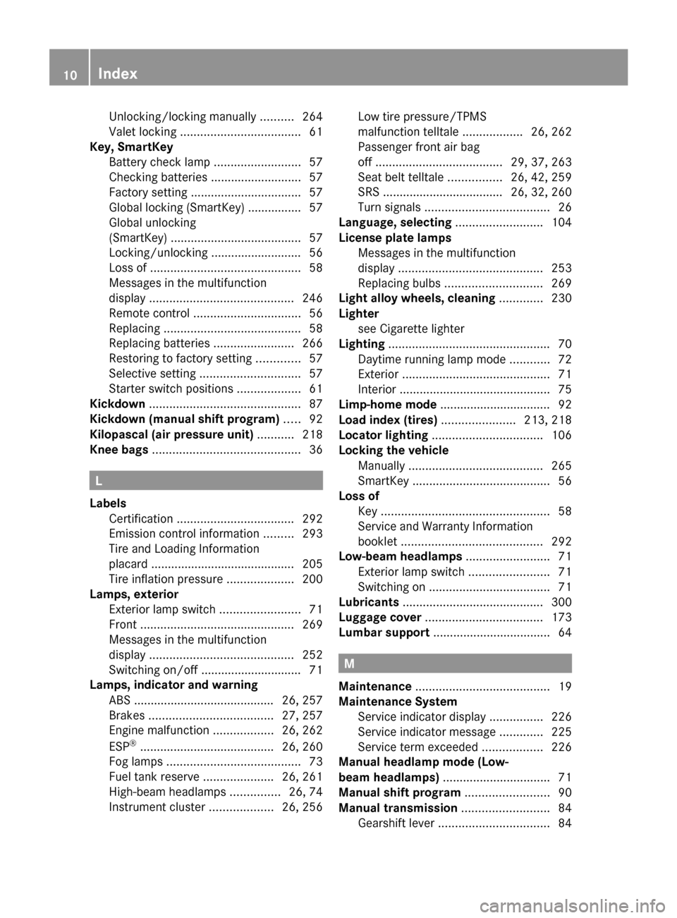 MERCEDES-BENZ SLK350 2010 R171 Owners Manual Unlocking/locking manually ..........
264
Valet locking .................................... 61
Key, SmartKey
Battery check lamp .......................... 57
Checking batteries ..................... MERCEDES-BENZ SLK350 2010 R171 Owners Manual Unlocking/locking manually ..........
264
Valet locking .................................... 61
Key, SmartKey
Battery check lamp .......................... 57
Checking batteries .....................
