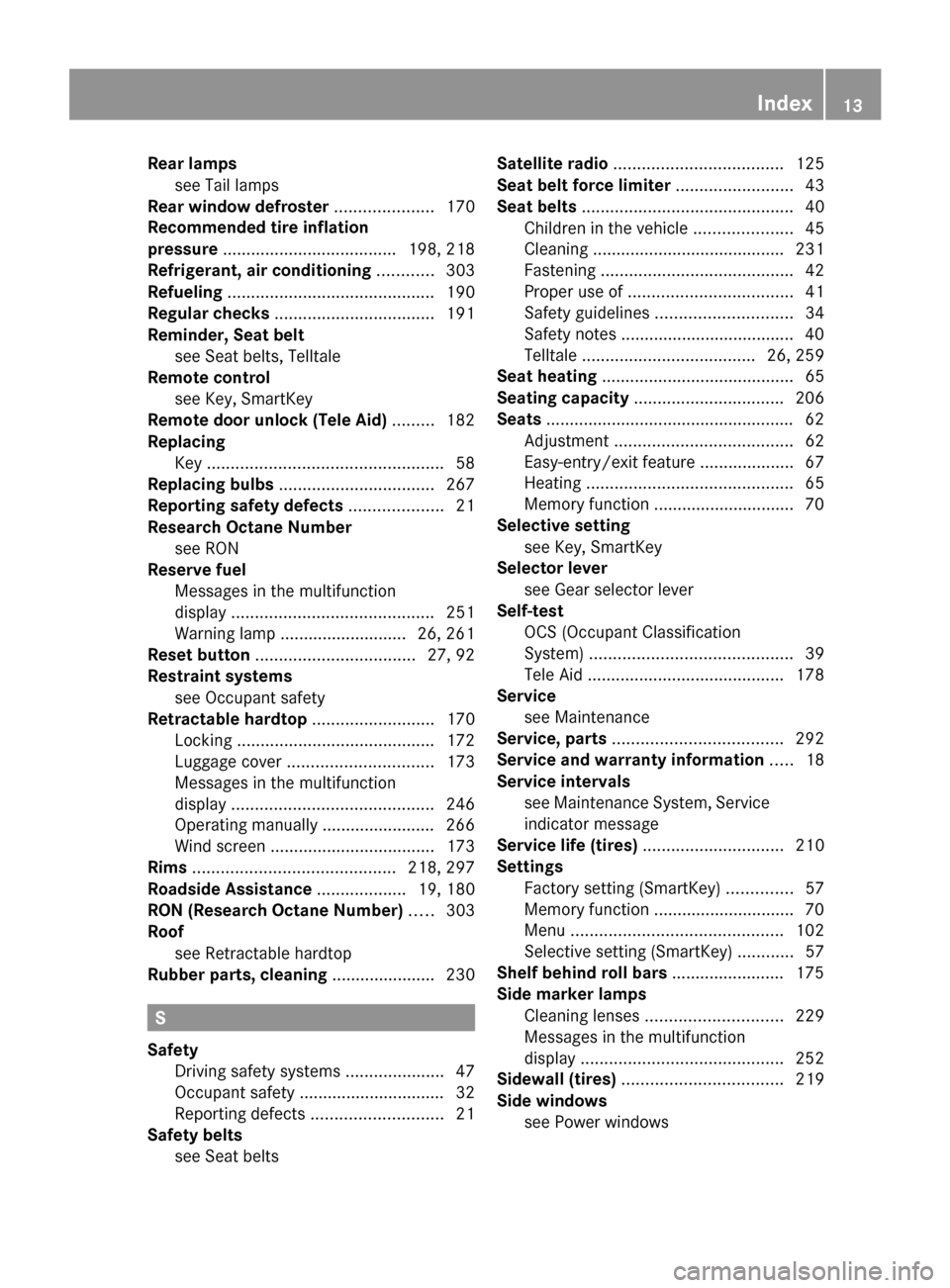 MERCEDES-BENZ SLK350 2010 R171 Owners Manual Rear lamps
see Tail lamps                                           
Rear window defroster ..................... 170
Recommended tire inflation
pressure ..................................... 198, 218
