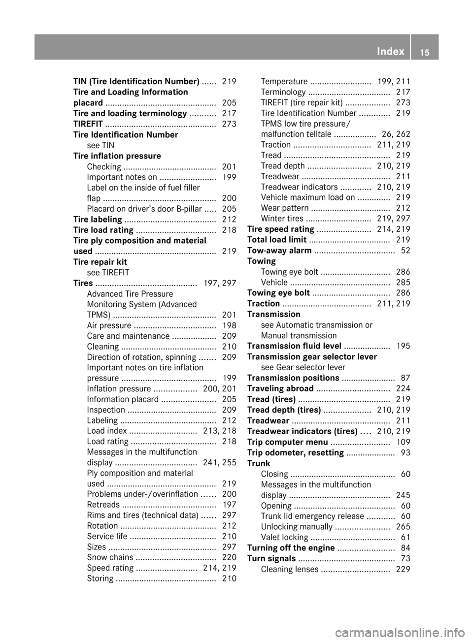MERCEDES-BENZ SLK350 2010 R171 Owners Manual TIN (Tire Identification Number) ......
219
Tire and Loading Information
placard ............................................... 205
Tire and loading terminology ...........217
TIREFIT ............. MERCEDES-BENZ SLK350 2010 R171 Owners Manual TIN (Tire Identification Number) ......
219
Tire and Loading Information
placard ............................................... 205
Tire and loading terminology ...........217
TIREFIT .............