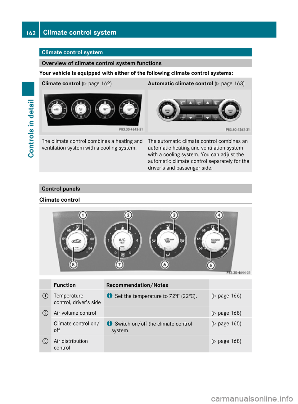 MERCEDES-BENZ SLK55AMG 2010 R171 Owners Manual Climate control system
Overview of climate control system functions
Your vehicle is equipped with either of the following climate control systems: Climate control
(Y page 162) Automatic climate contr MERCEDES-BENZ SLK55AMG 2010 R171 Owners Manual Climate control system
Overview of climate control system functions
Your vehicle is equipped with either of the following climate control systems: Climate control
(Y page 162) Automatic climate contr