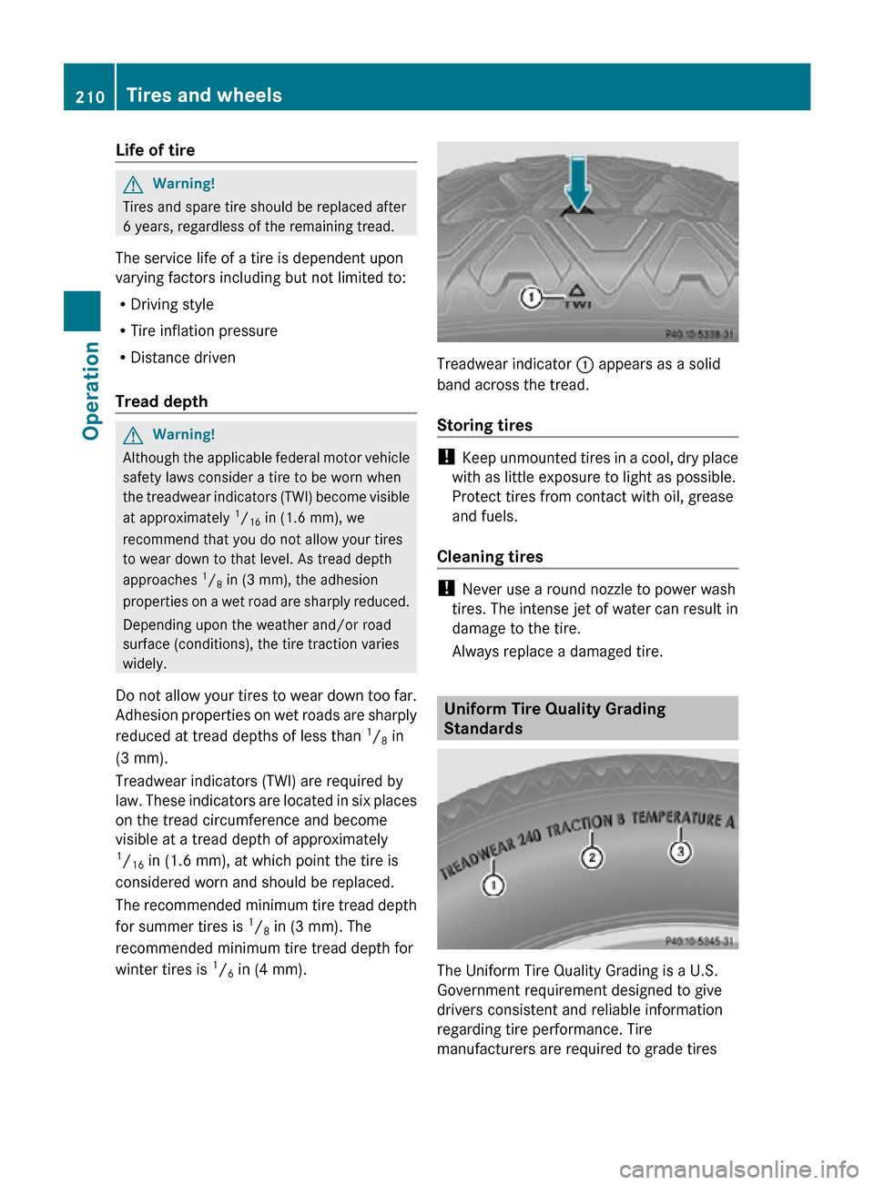 MERCEDES-BENZ SLK350 2010 R171 Owners Manual Life of tire 
G
Warning!
Tires and spare tire should be replaced after
6 years, regardless of the remaining tread.
The service life of a tire is dependent upon
varying factors including but not limite